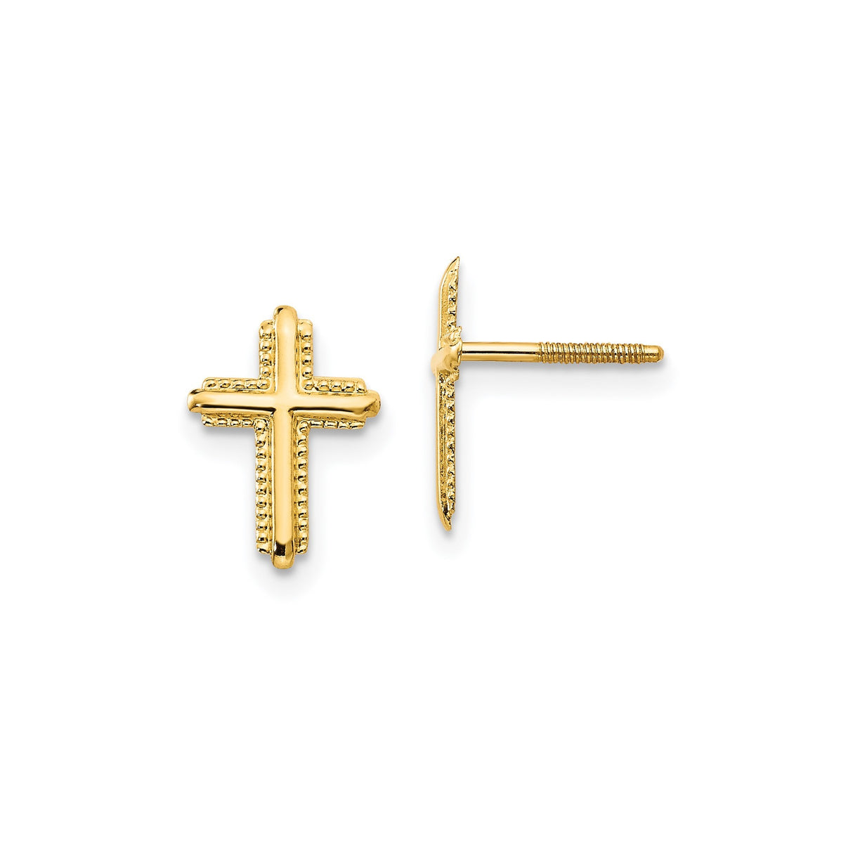 14k Yellow Gold Cross Pendant with Polished Beaded Edging, Minimalist Religious Design