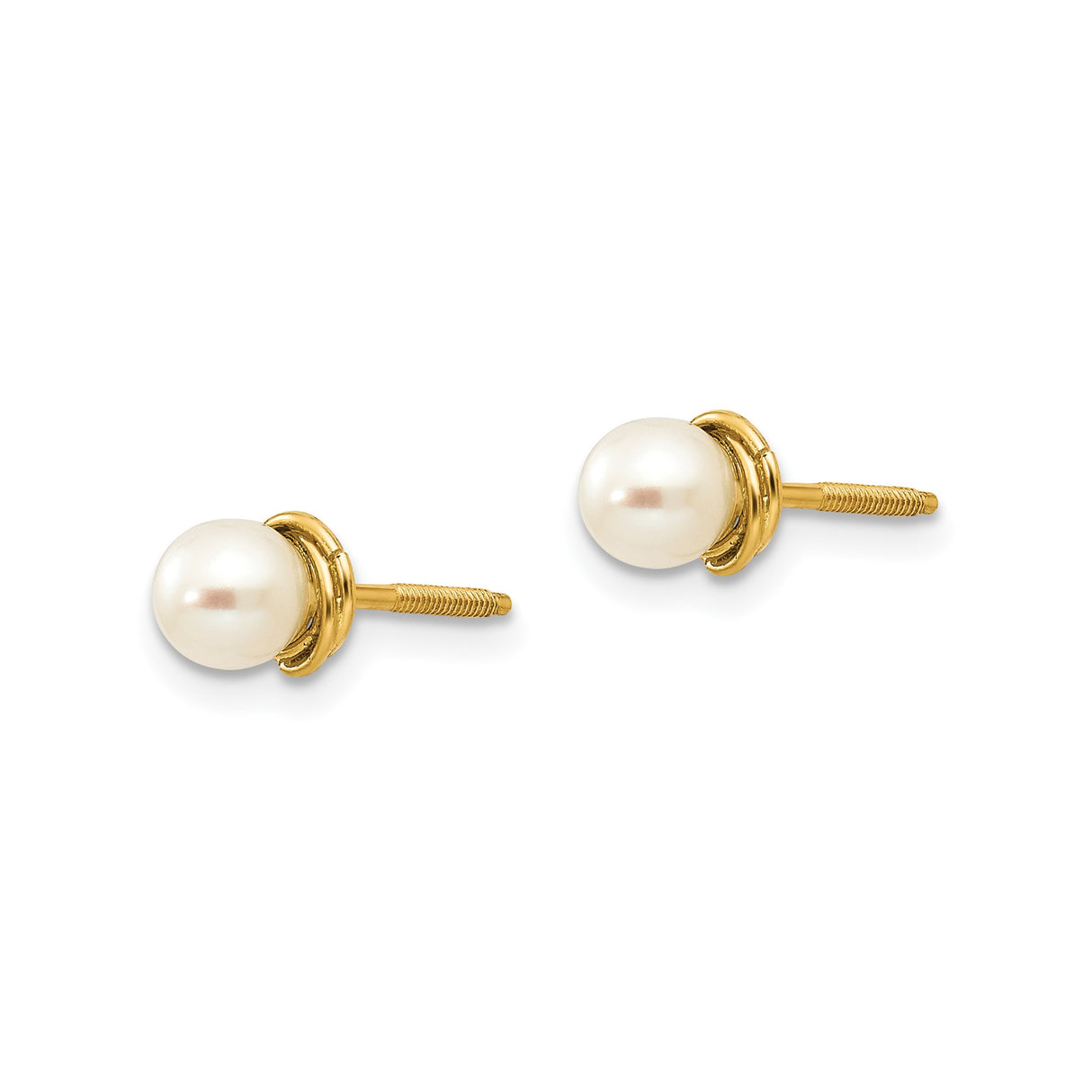 14k Yellow Gold Pearl Stud Earrings, White Cultured Pearls, Classic Minimal Style for Women