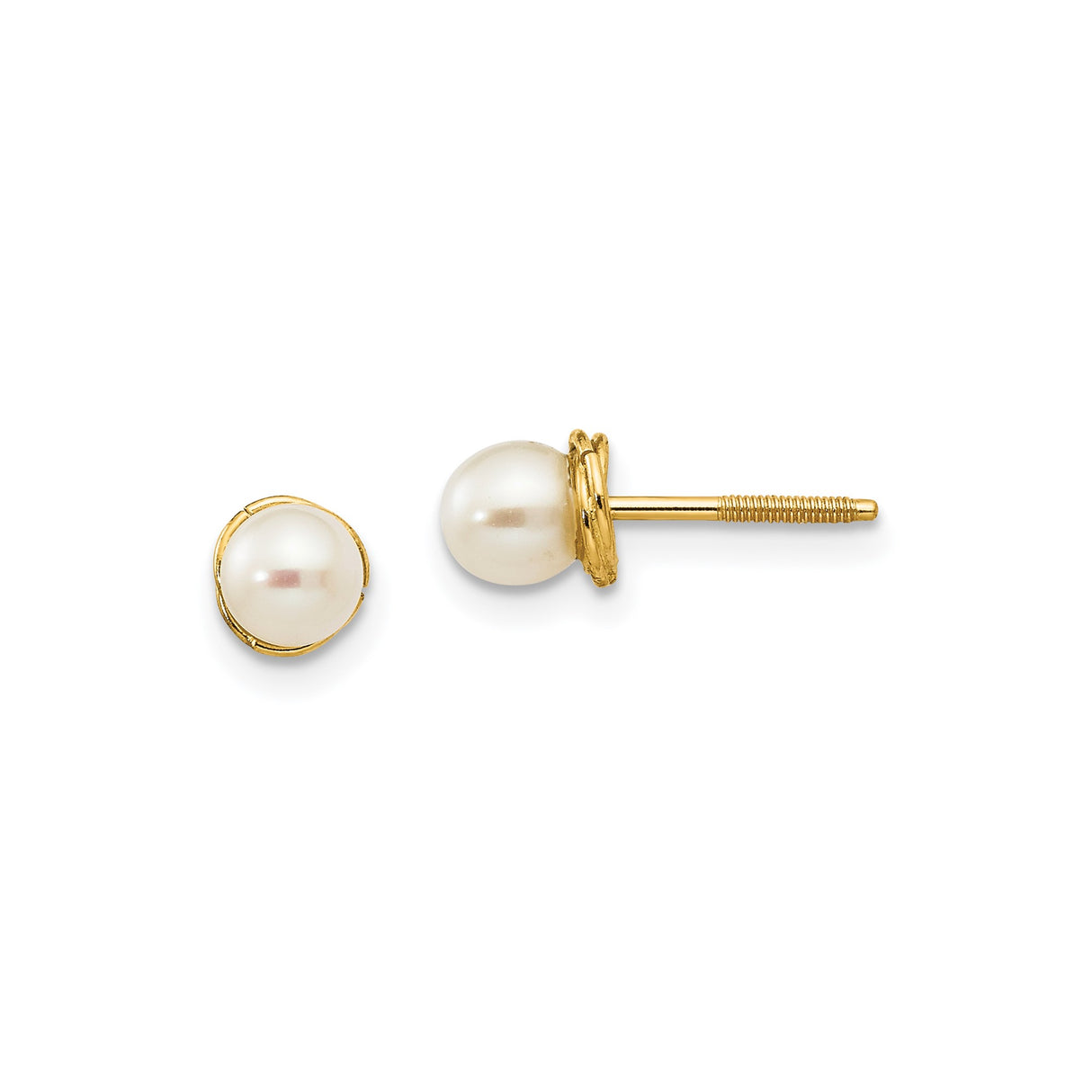 14k Yellow Gold Pearl Stud Earrings, White Cultured Pearls, Classic Minimal Style for Women