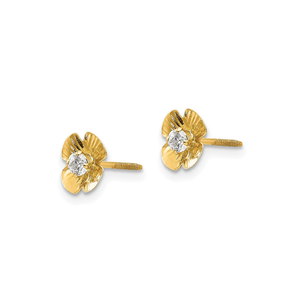 14k Yellow Gold Flower Stud Earrings with Cubic Zirconia, Floral Design, Screw Back