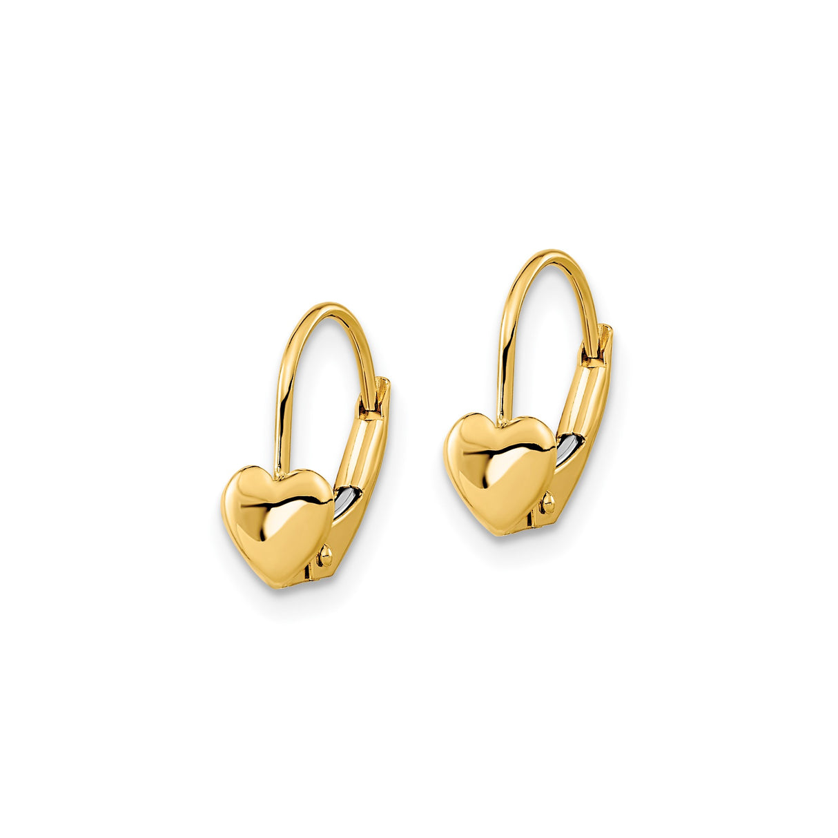14k Yellow Gold Heart Leverback Earrings with Polished Puff Charm for Women
