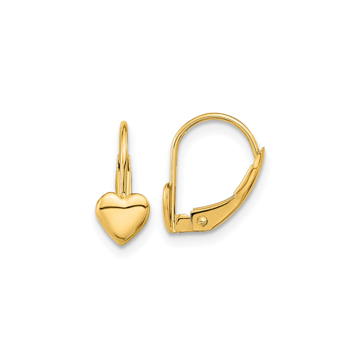 14k Yellow Gold Heart Leverback Earrings with Polished Puff Charm for Women