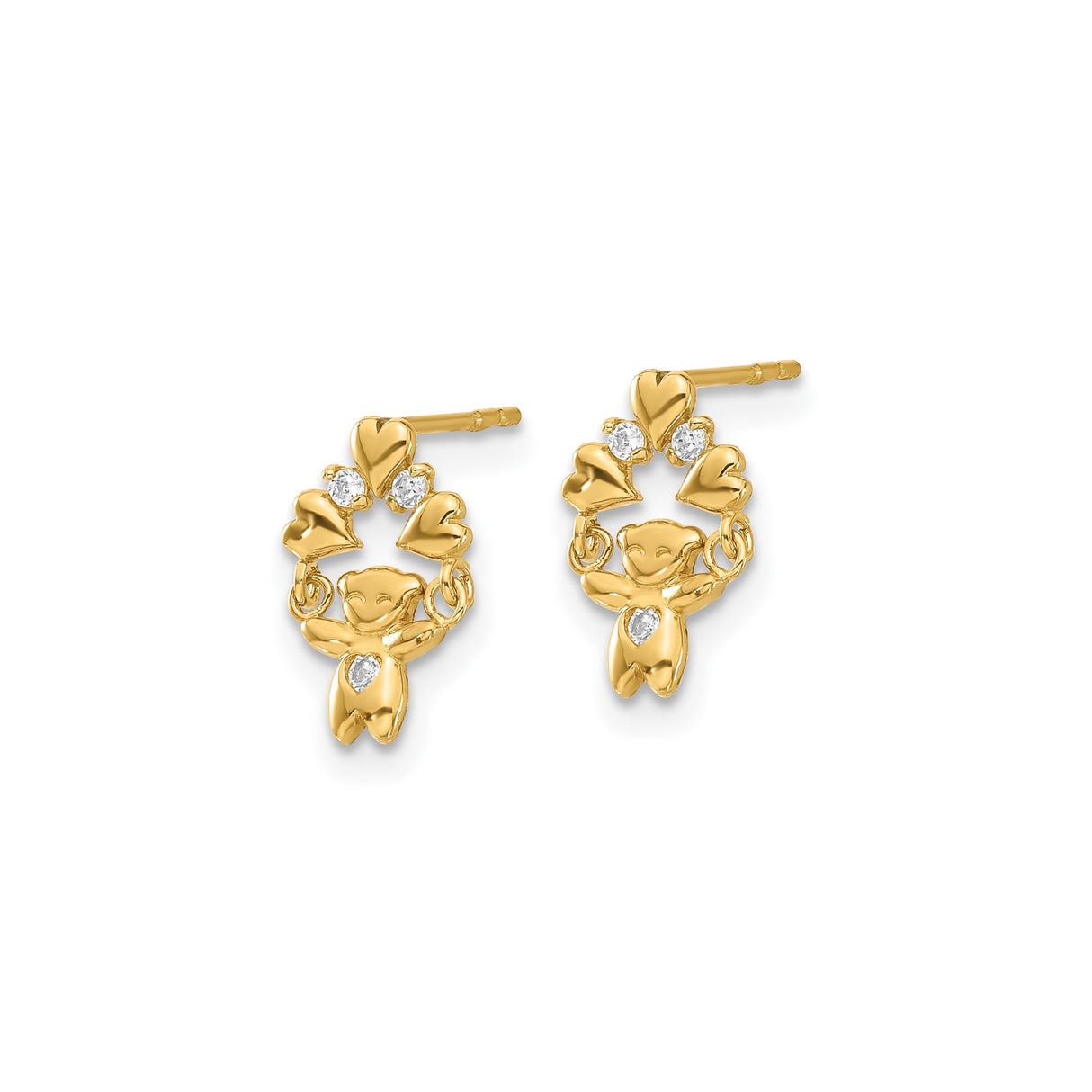 14k Yellow Gold Teddy Bear Earrings with Cubic Zirconia, Triple Heart Dangles, Youthful Style