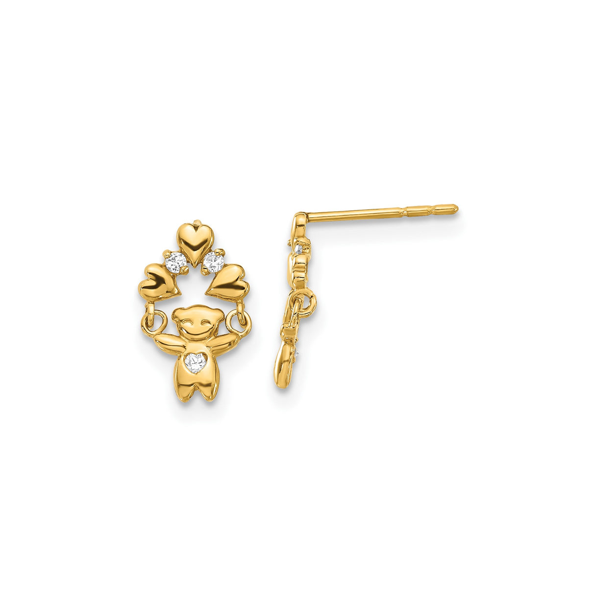 14k Yellow Gold Teddy Bear Earrings with Cubic Zirconia, Triple Heart Dangles, Youthful Style