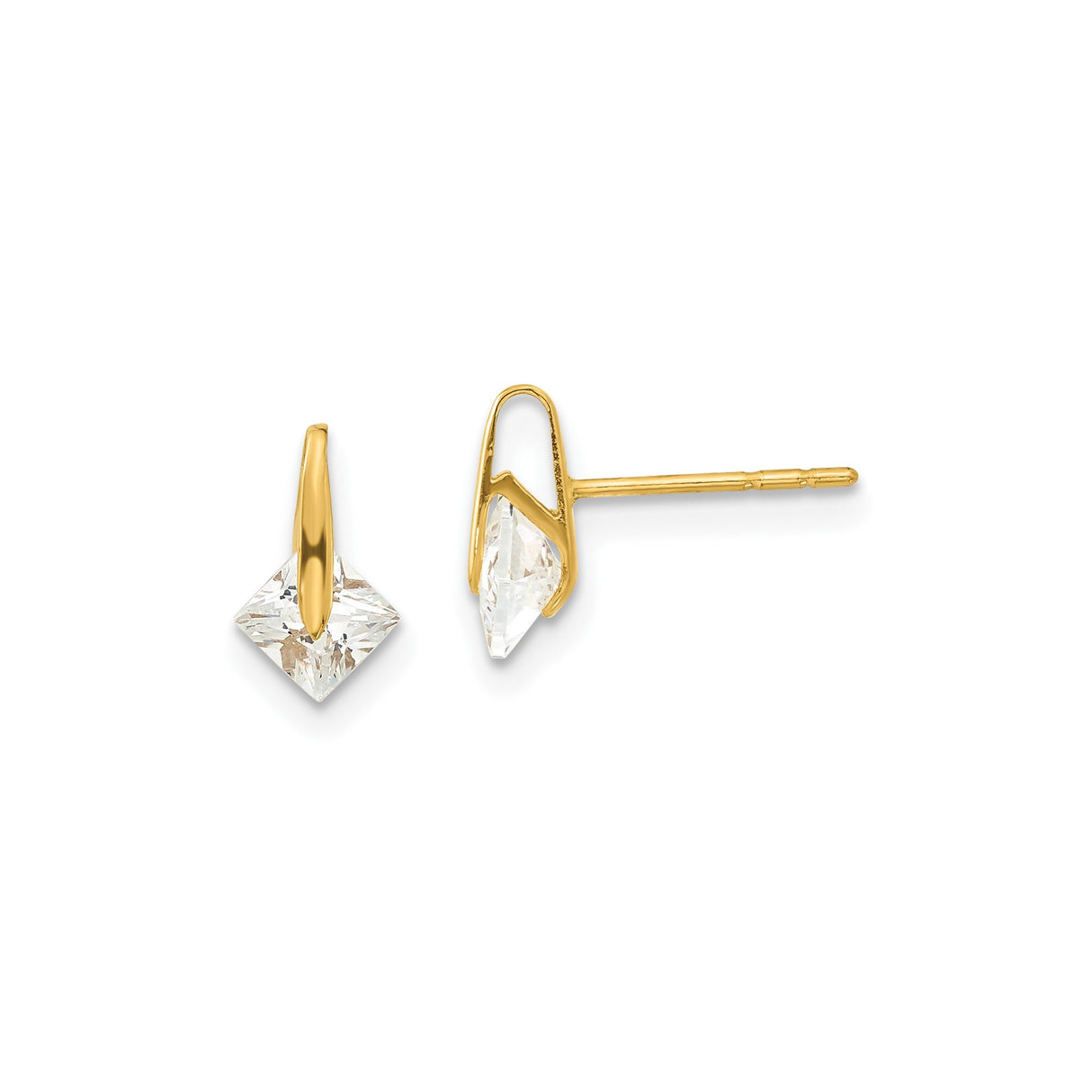 14k Yellow Gold Stud Earrings with Cubic Zirconia, Kite Shape, Minimalist Geometric Design