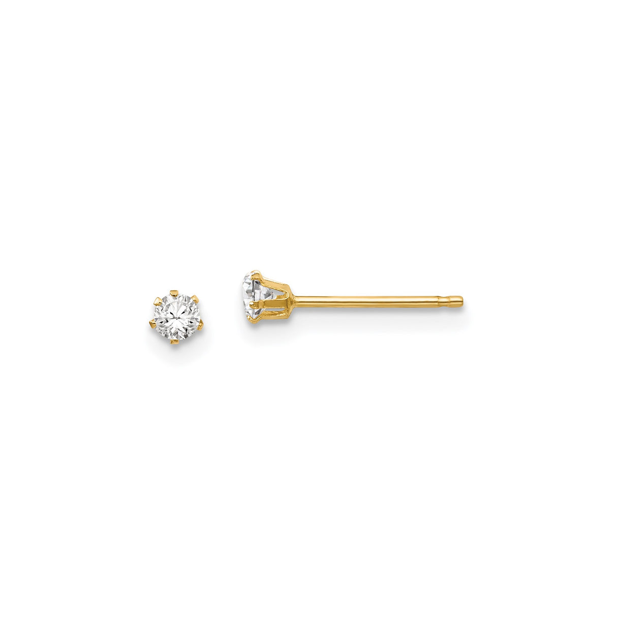 14k Yellow Gold Stud Earrings with Round Cut Cubic Zirconia in Six-Prong Solitaire Setting