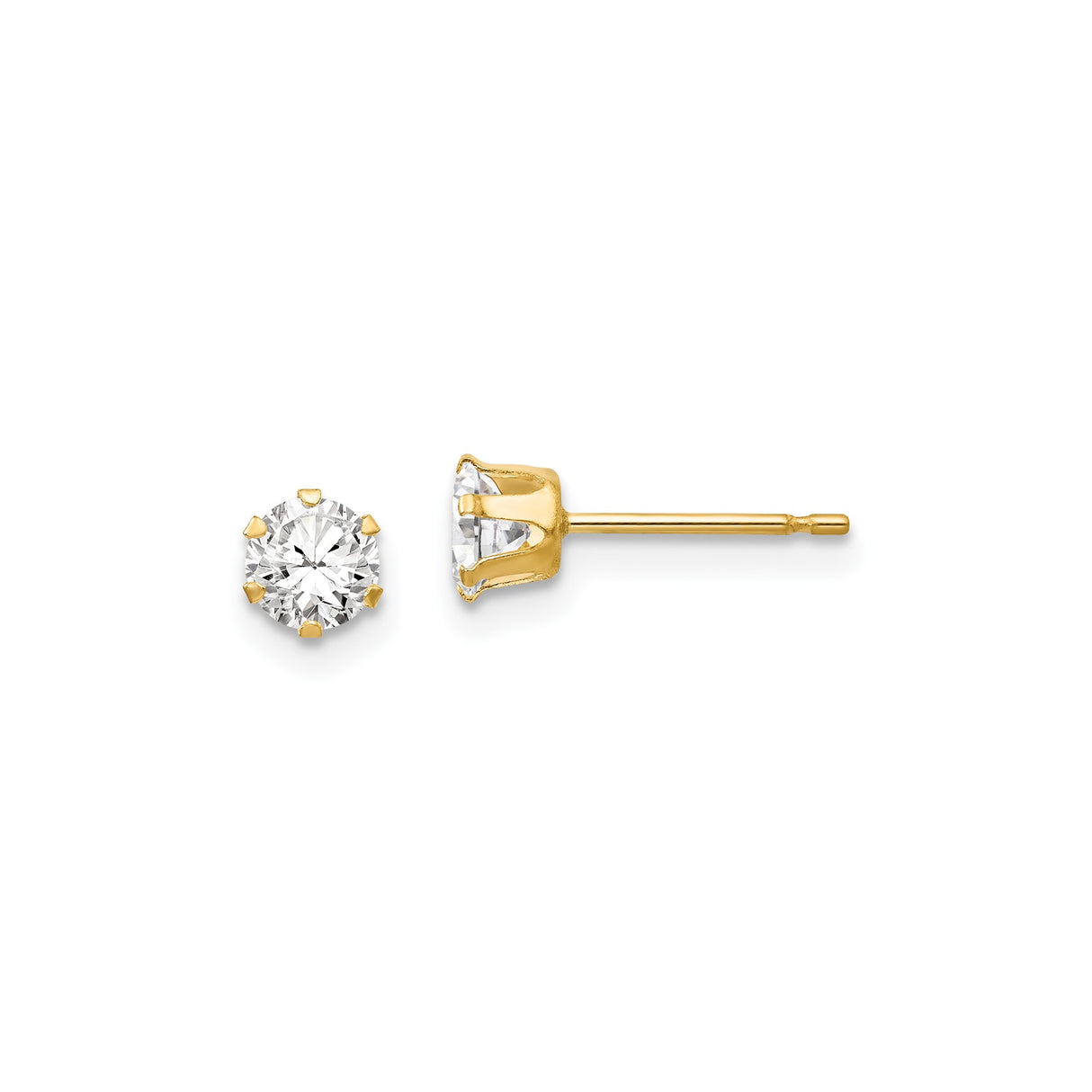 14k Yellow Gold Solitaire Stud Earrings with Round Cubic Zirconia, Six Prong Setting