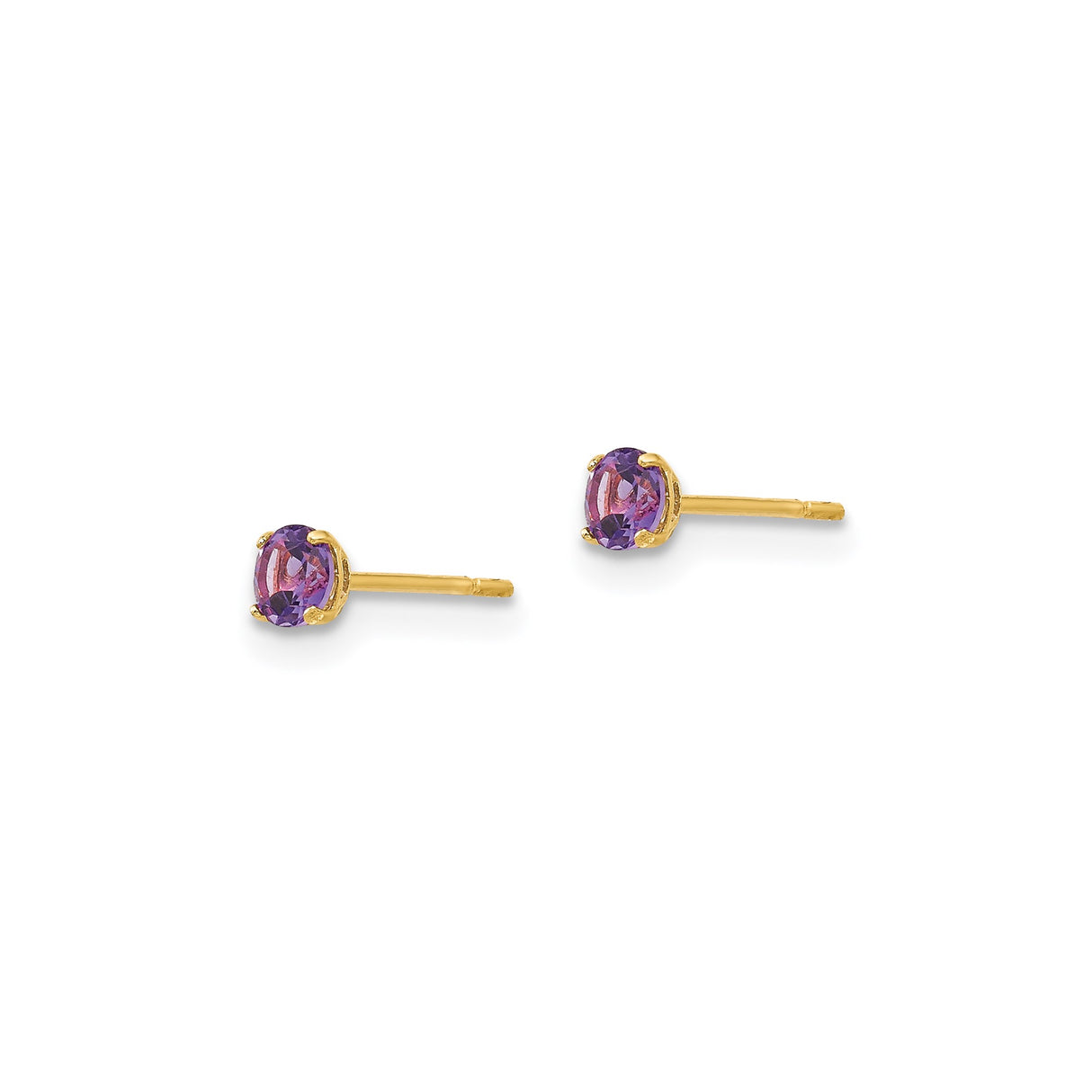 14k Yellow Gold Stud Earrings with Round Amethyst, Prong Setting, Minimalist Style for Women