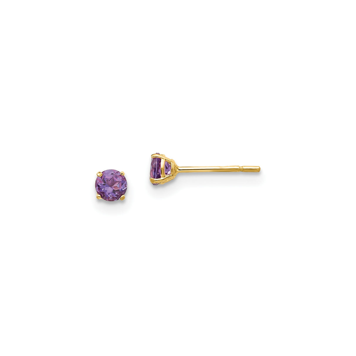 14k Yellow Gold Stud Earrings with Round Amethyst, Prong Setting, Minimalist Style for Women