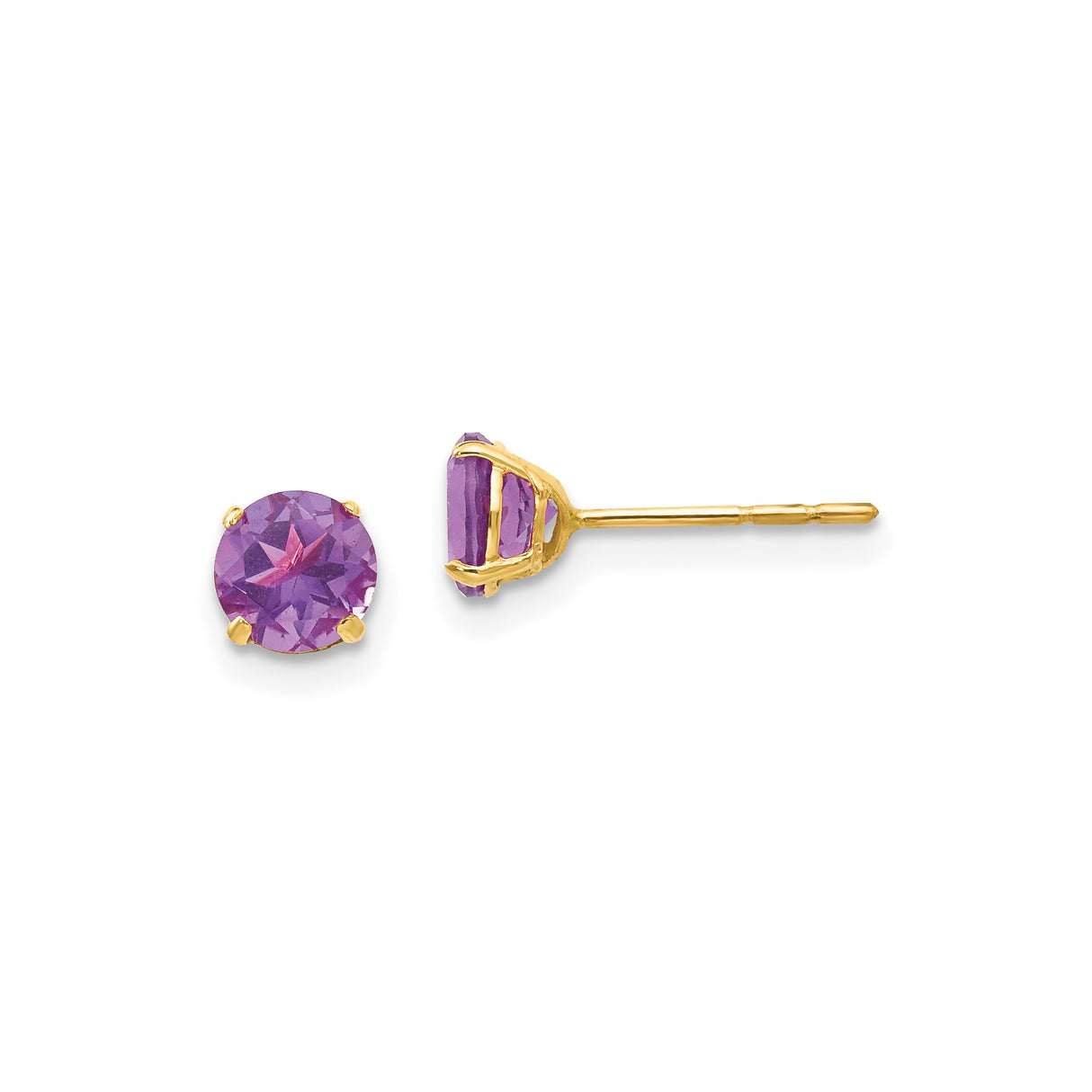 14k Yellow Gold Stud Earrings with Round Amethyst in Classic Four Prong Setting