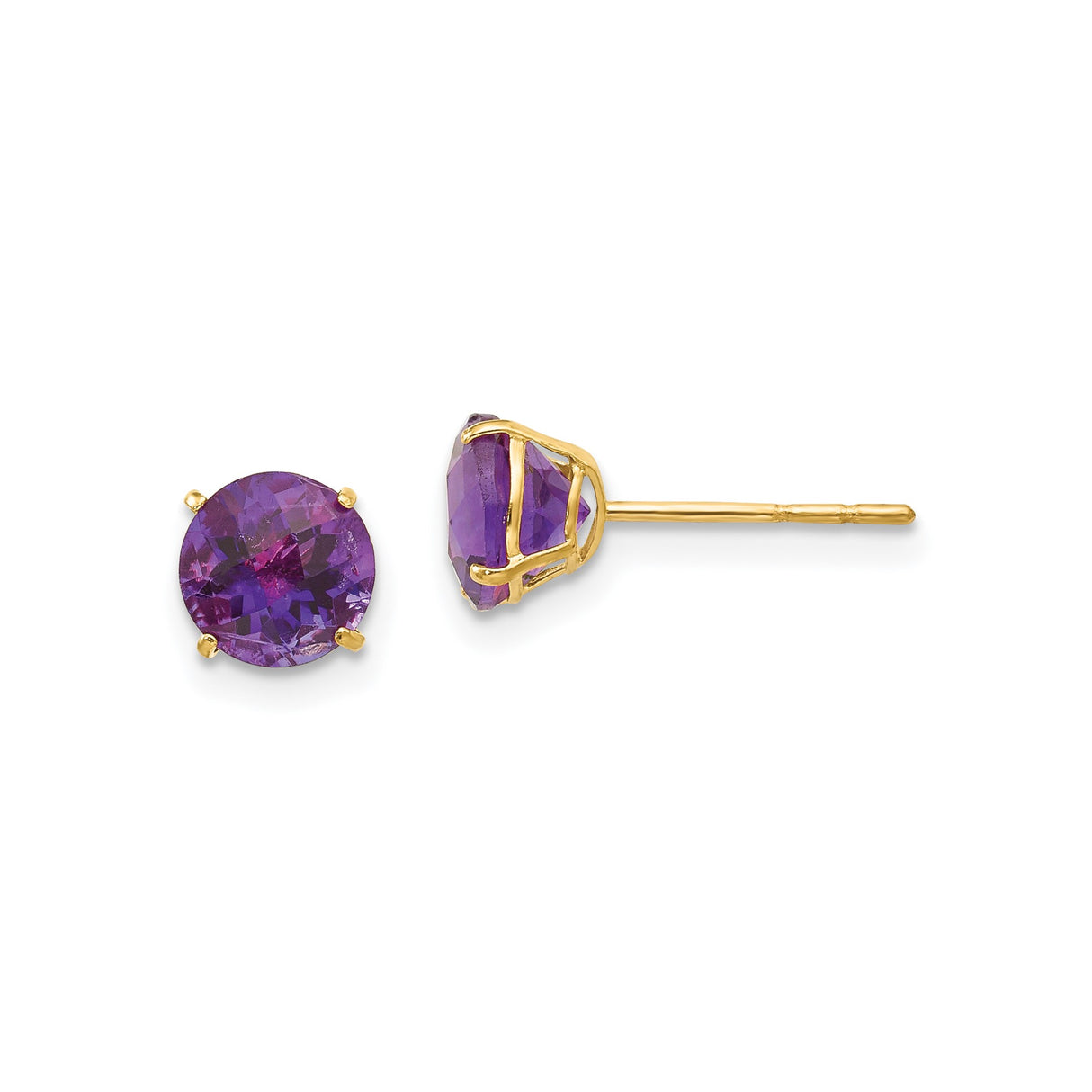 14k Yellow Gold Stud Earrings with Amethyst, Minimalist Round Cut Design for Women
