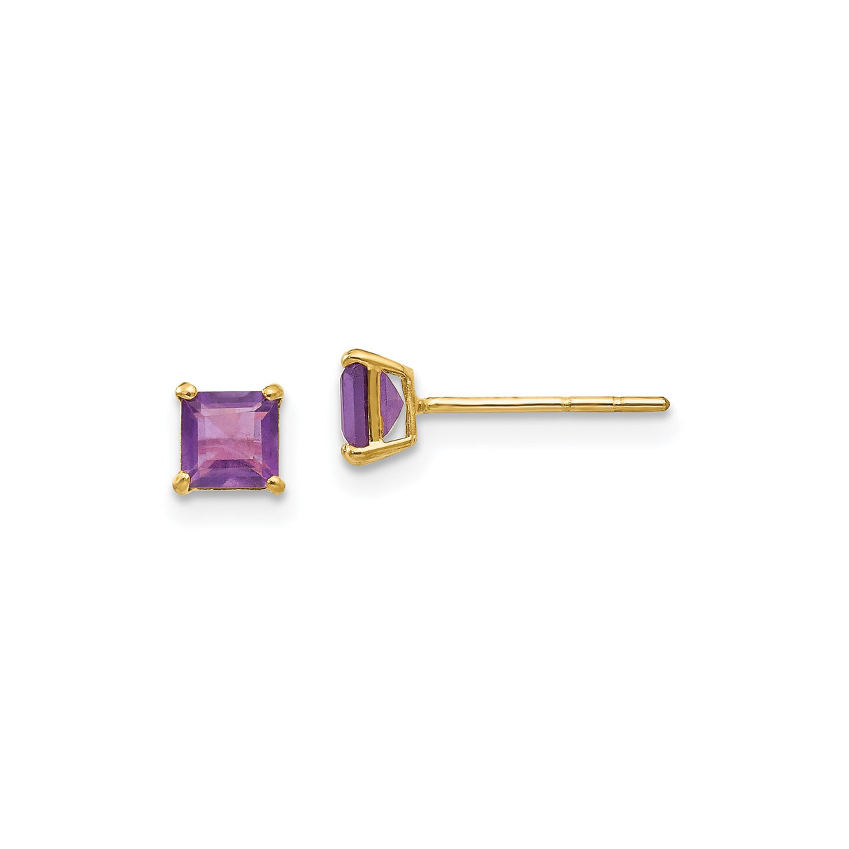 14k Yellow Gold Amethyst Stud Earrings, 4mm Square Purple Gemstone, Minimalist Style for Women