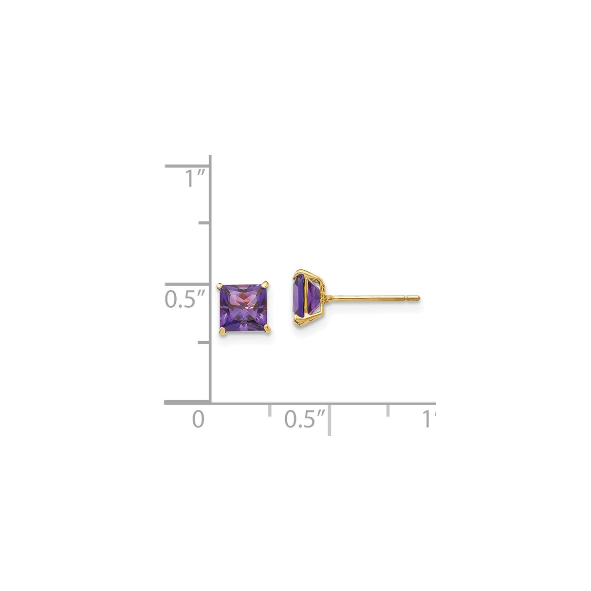 14k Yellow Gold Stud Earrings with Square Cut Amethyst, Four-Prong Setting, February Birthstone
