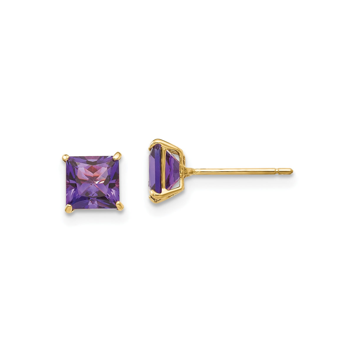 14k Yellow Gold Stud Earrings with Square Cut Amethyst, Four-Prong Setting, February Birthstone