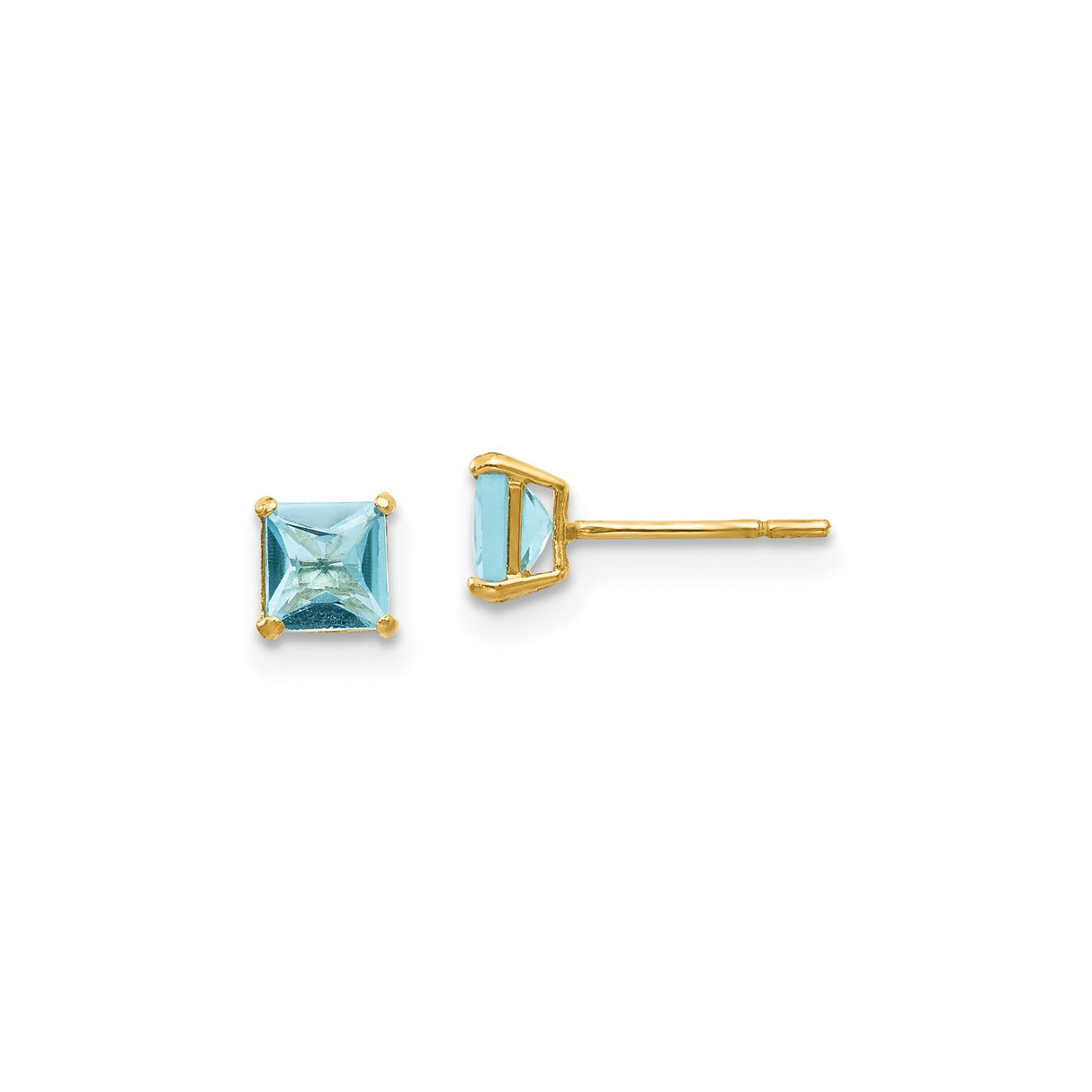 14k Yellow Gold Blue Topaz Stud Earrings, Square Four-Prong Setting, Classic Minimalist Style