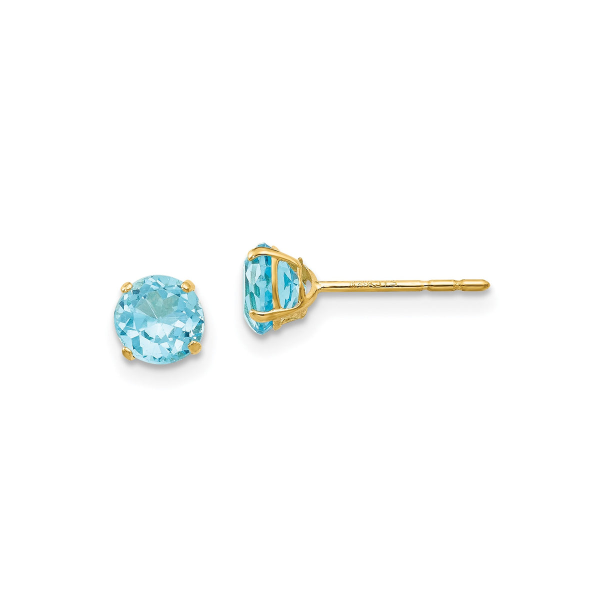 14k Yellow Gold Stud Earrings with Round Sky Blue Topaz, Minimalist Four Prong Setting