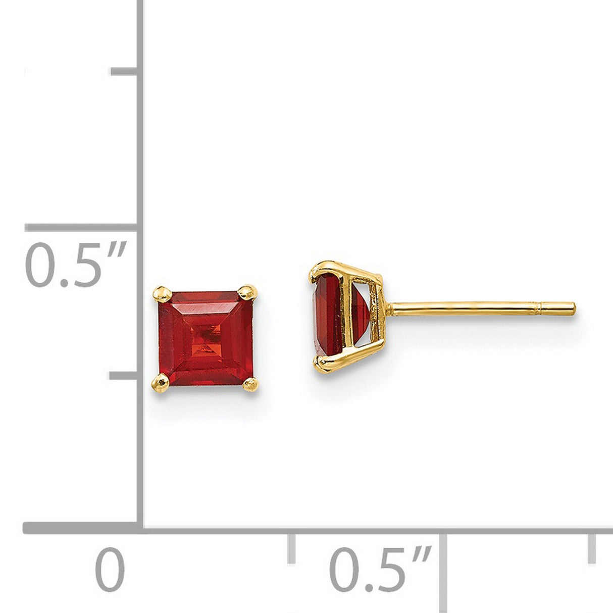 14k Yellow Gold Stud Earrings with Garnet, Square Cut Minimalist Design for Women