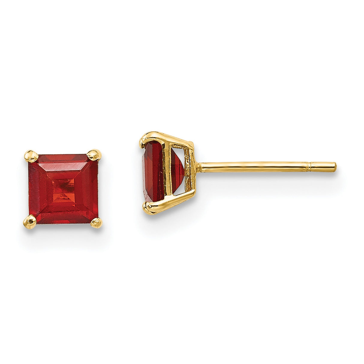 14k Yellow Gold Stud Earrings with Garnet, Square Cut Minimalist Design for Women