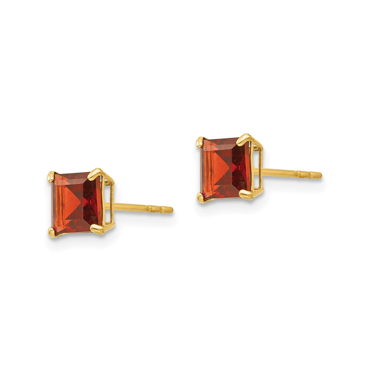 14k Yellow Gold Stud Earrings with Square Cut Garnet, Minimalist Prong Setting