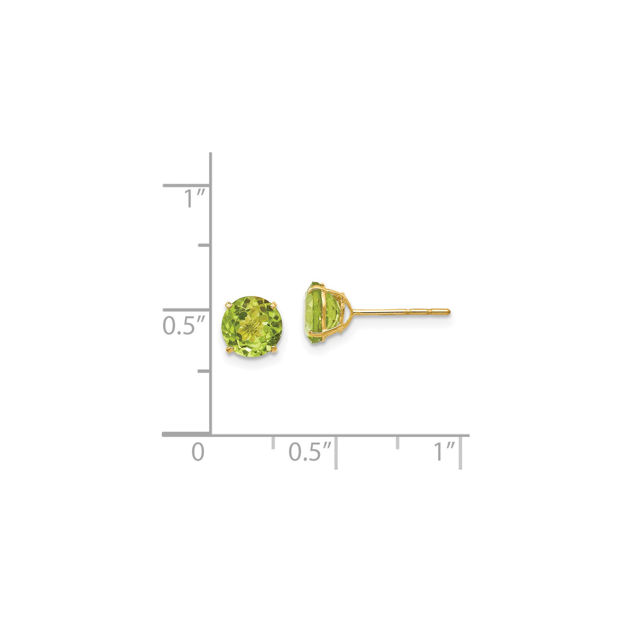 14k Yellow Gold Stud Earrings with Peridot, Round Cut, Classic Four Prong Setting