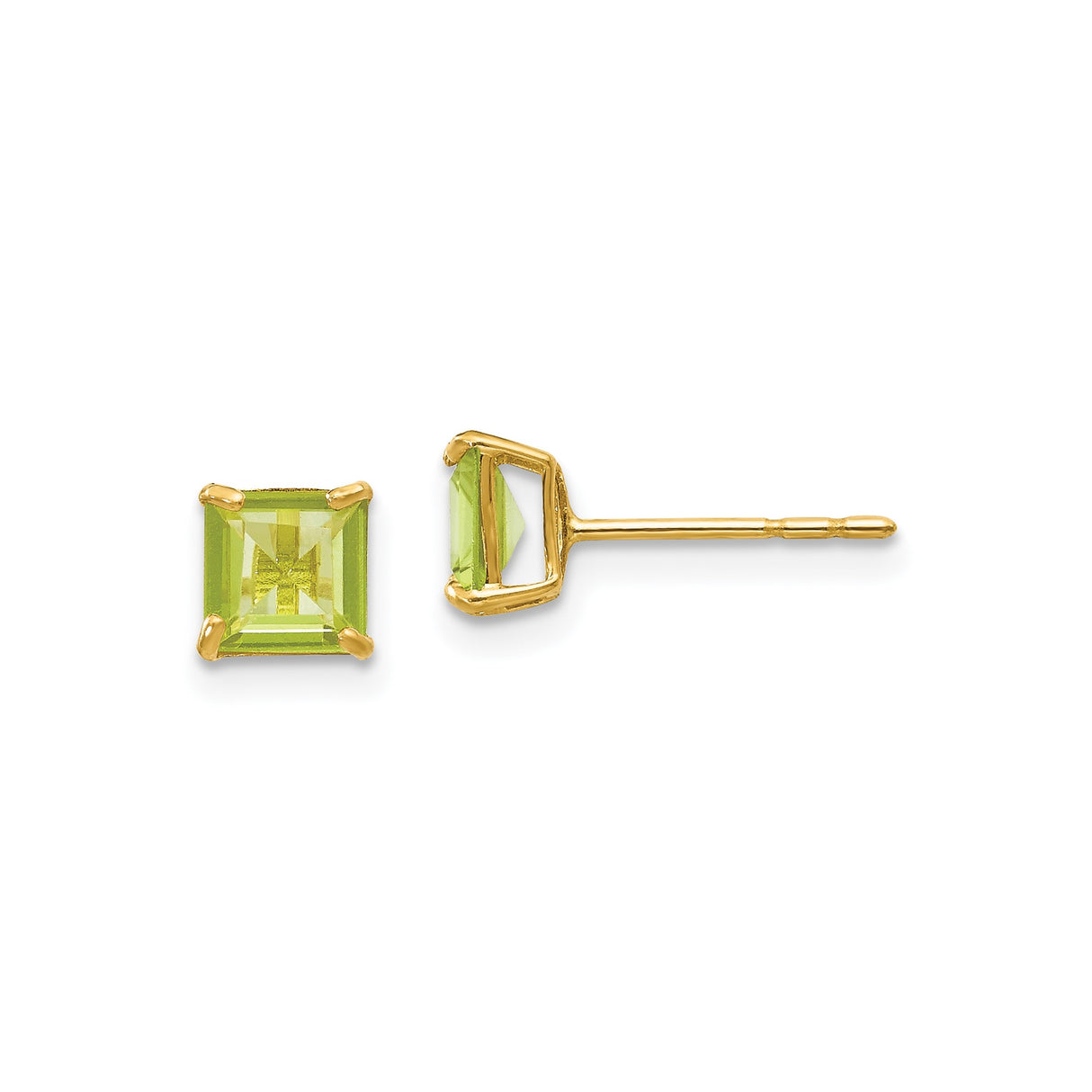 14k Yellow Gold Stud Earrings with Peridot, Square Cut Birthstone Style for Women