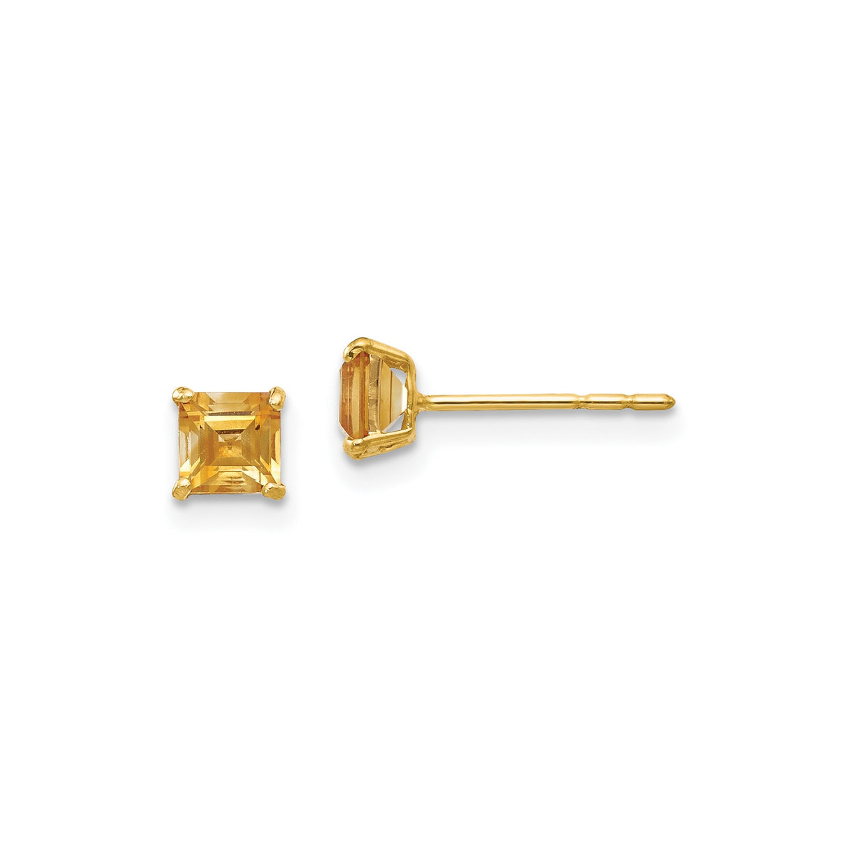 14k Yellow Gold Stud Earrings with Square Cut Citrine, Classic Minimalist Style for Women
