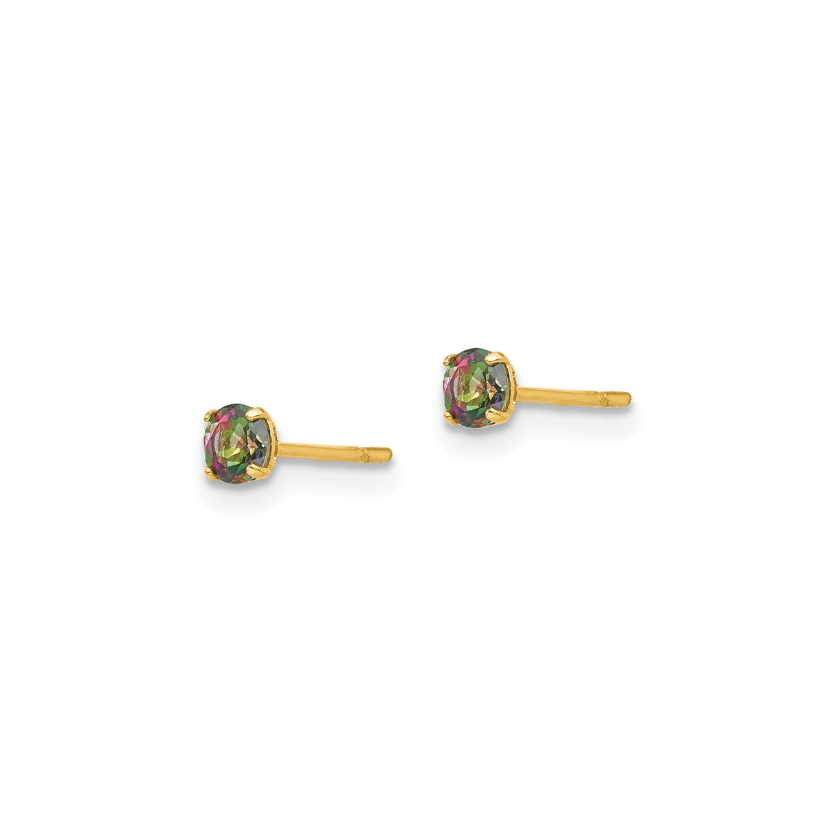 14k Yellow Gold Stud Earrings with Round Mystic Fire Topaz, Four Prong Setting, Minimalist Style