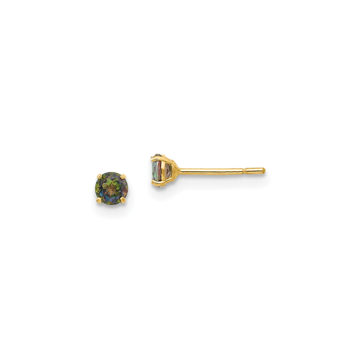 14k Yellow Gold Stud Earrings with Round Mystic Fire Topaz, Four Prong Setting, Minimalist Style