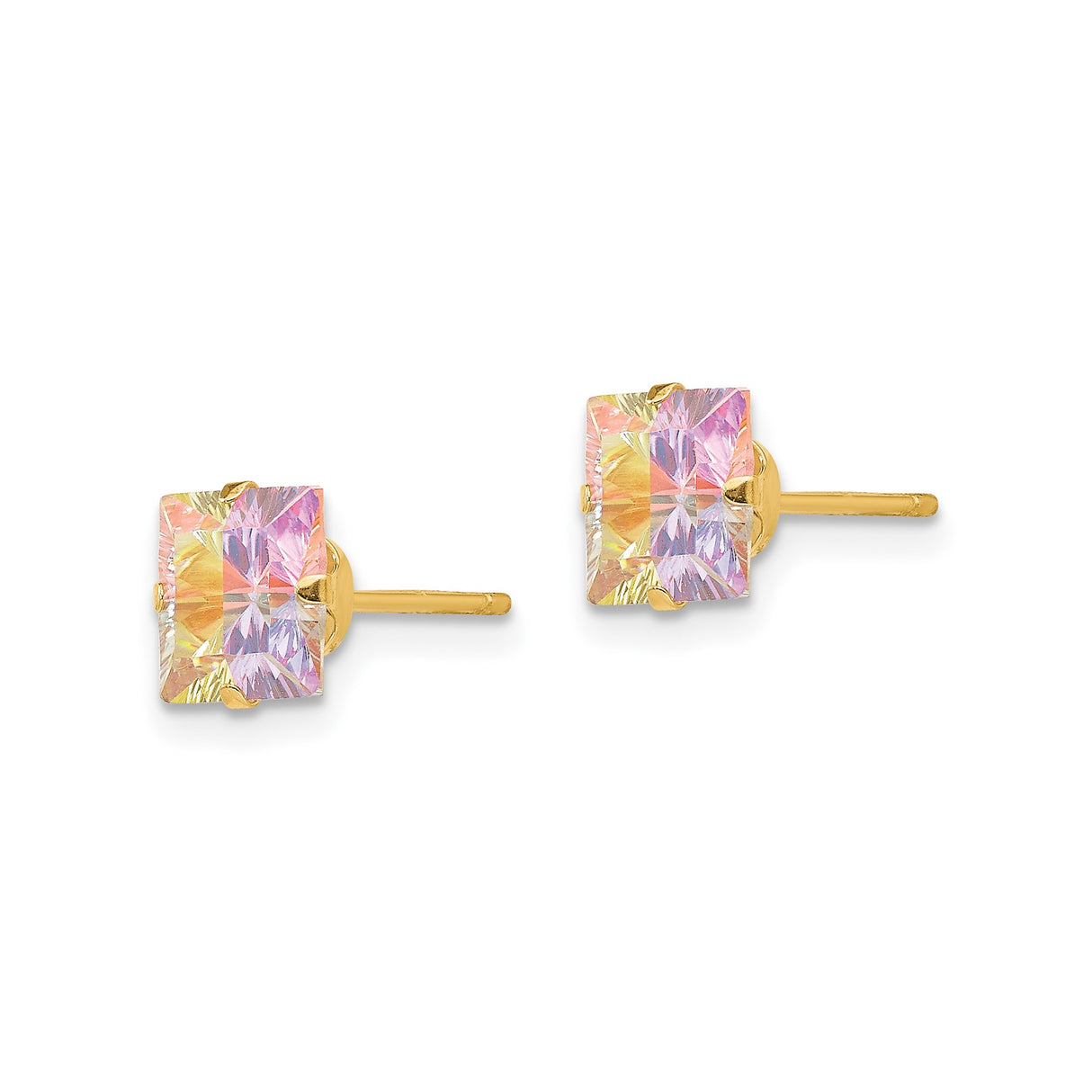 14k Yellow Gold Stud Earrings with Square Cut Multicolor Cubic Zirconia, Dainty Pastel Style