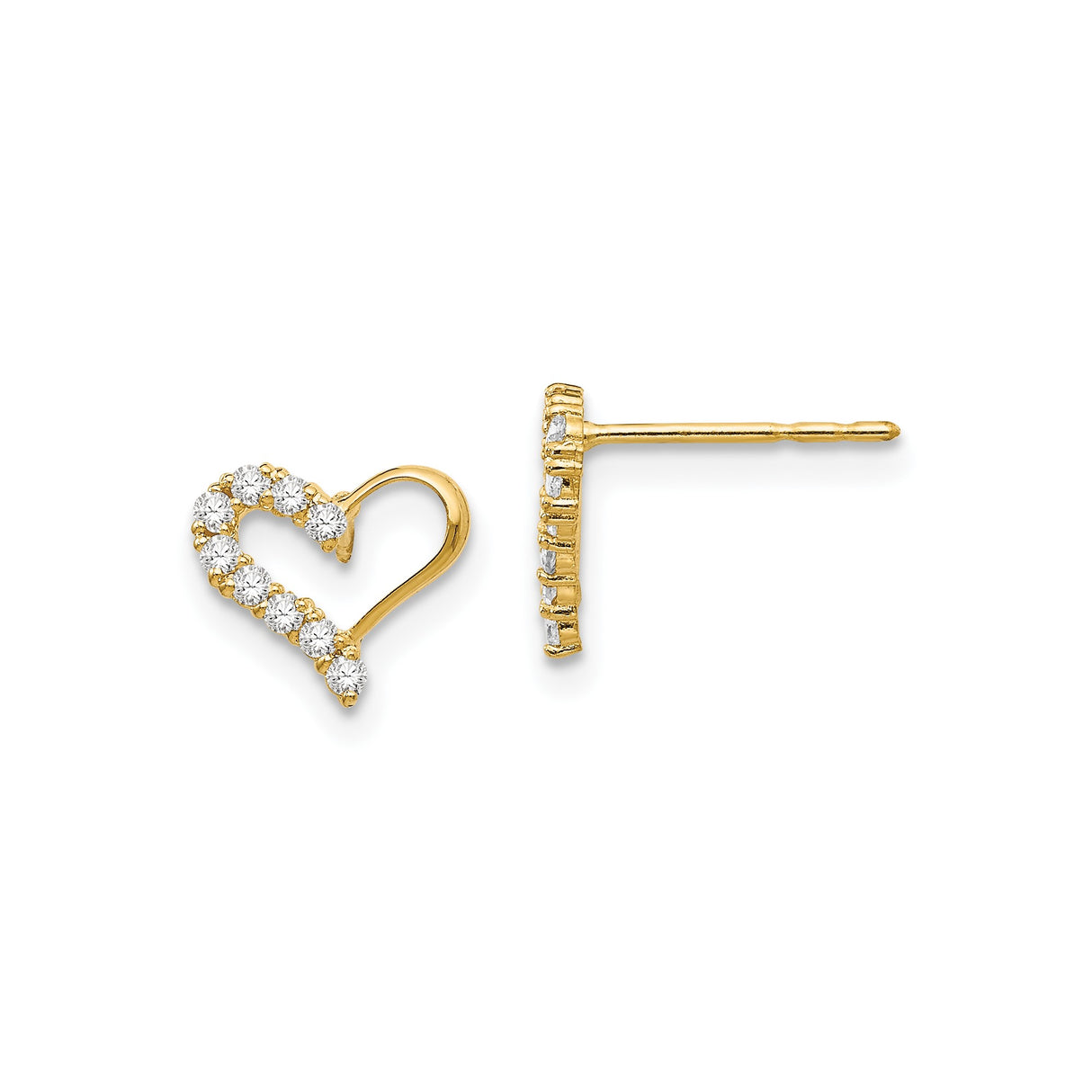 14k Yellow Gold Open Heart Stud Earrings with Cubic Zirconia, Dainty Romantic Style