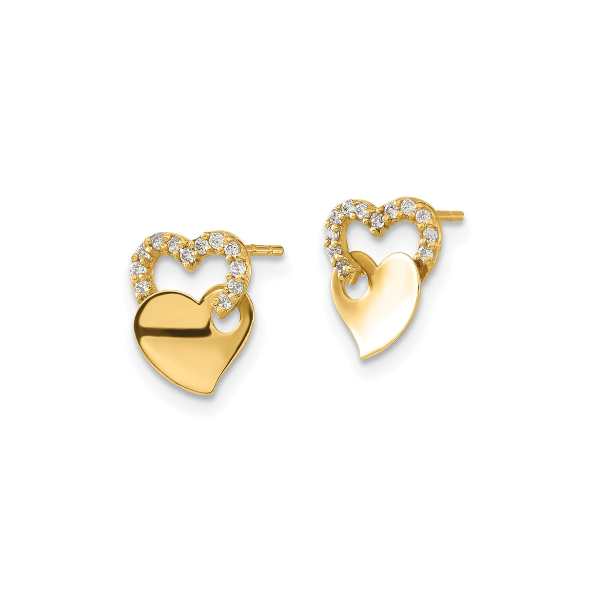 14k Yellow Gold Double Heart Stud Earrings with Cubic Zirconia, Intertwined Love Design