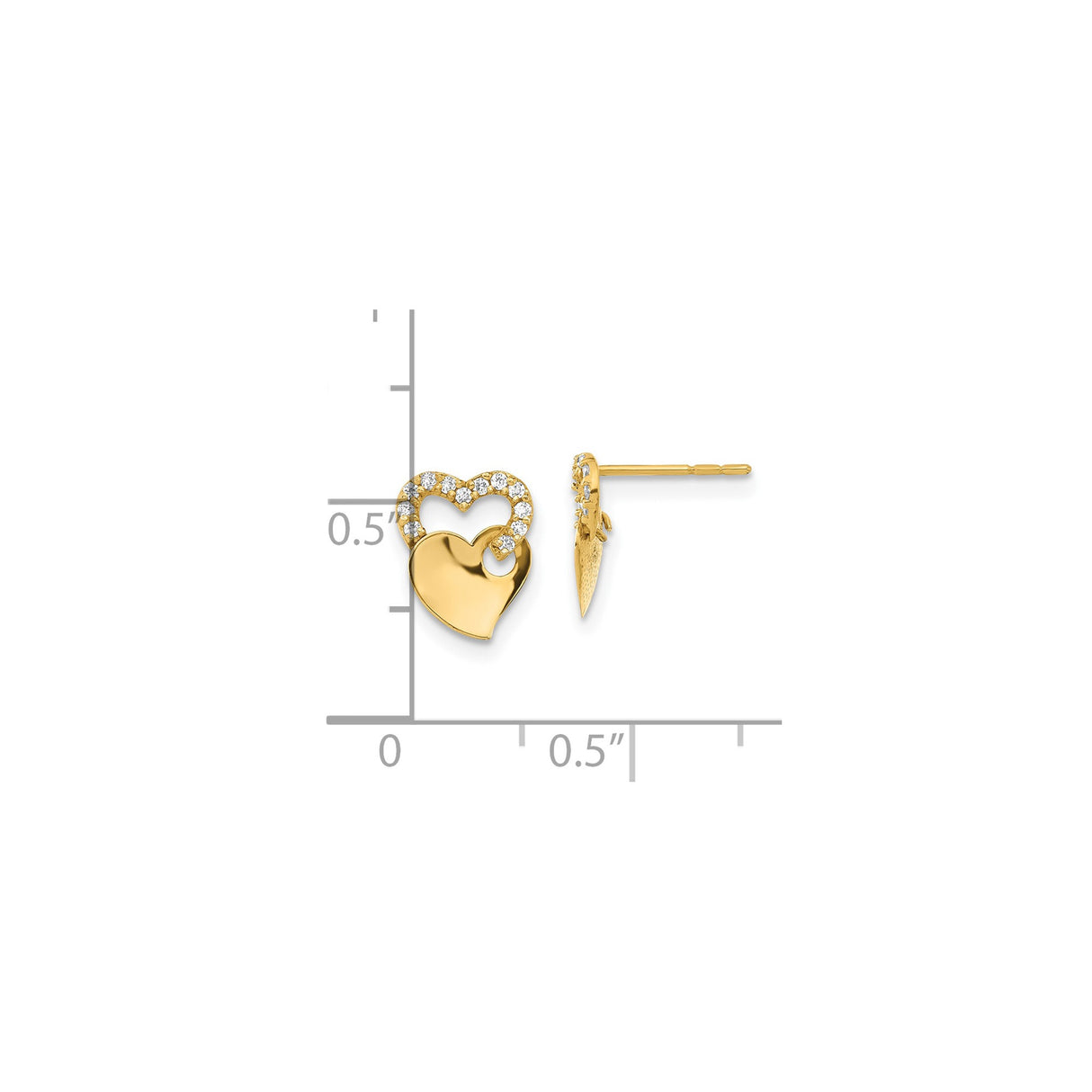 14k Yellow Gold Double Heart Stud Earrings with Cubic Zirconia, Intertwined Love Design