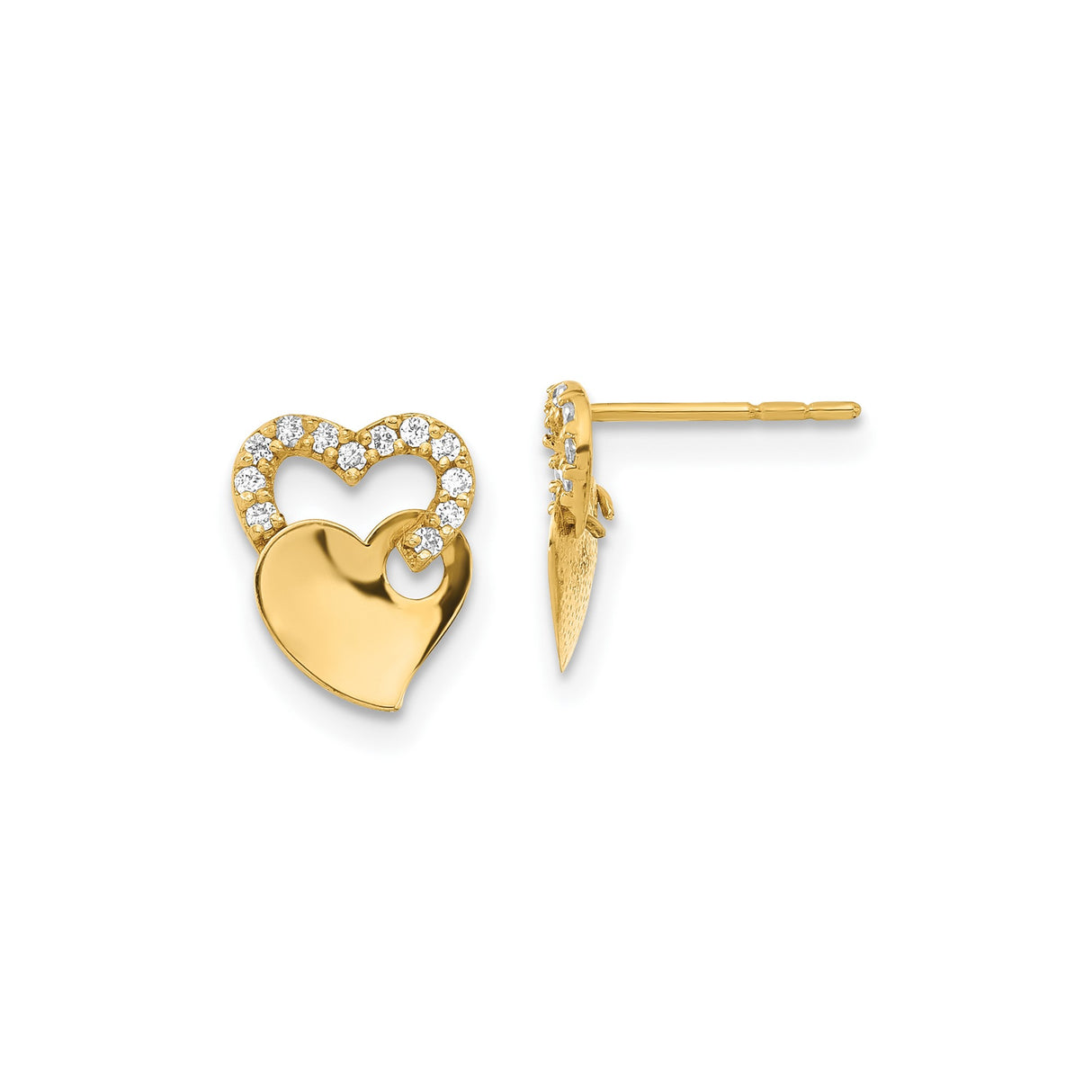 14k Yellow Gold Double Heart Stud Earrings with Cubic Zirconia, Intertwined Love Design