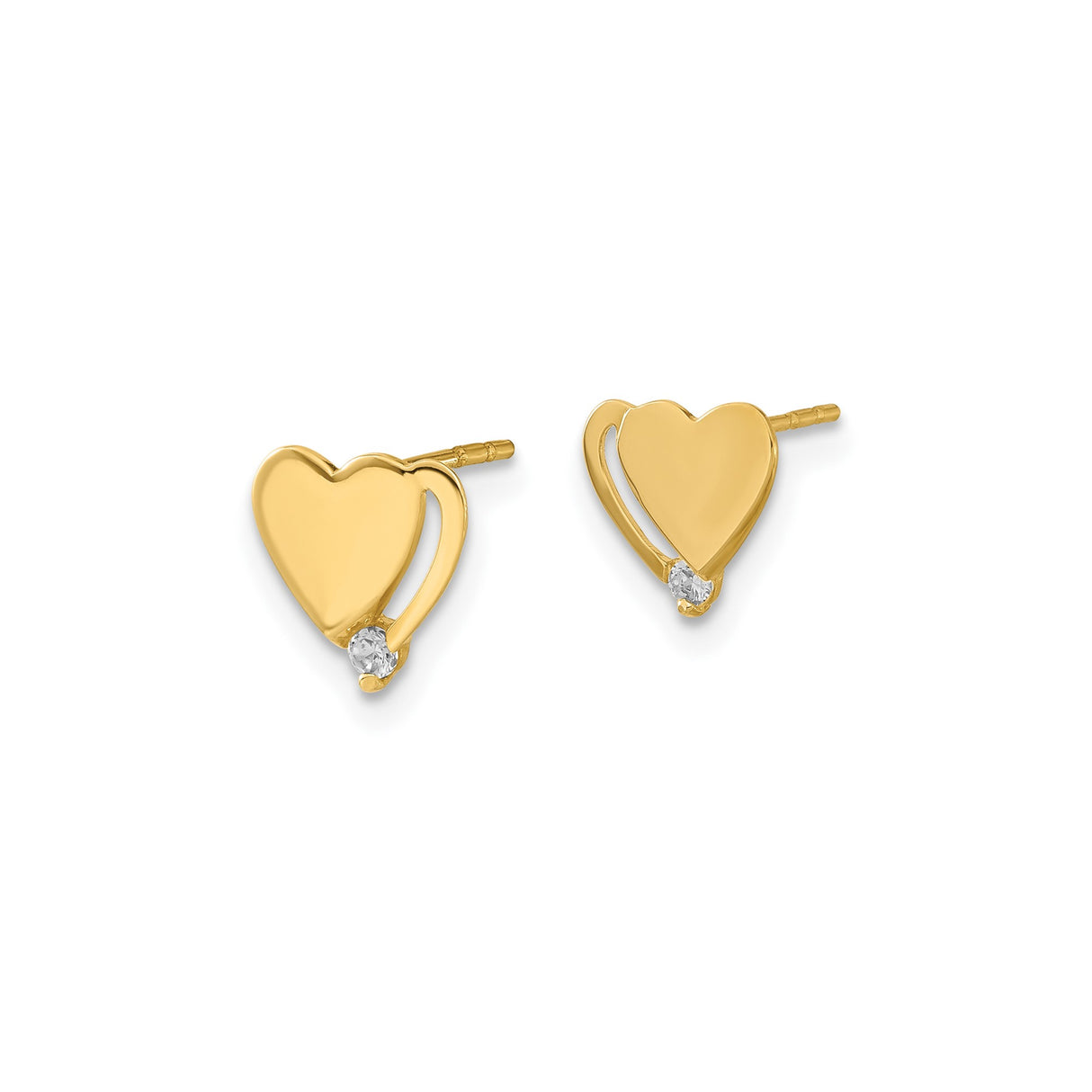 14k Yellow Gold Heart Stud Earrings with Cubic Zirconia Accent, Dainty Minimalist Design