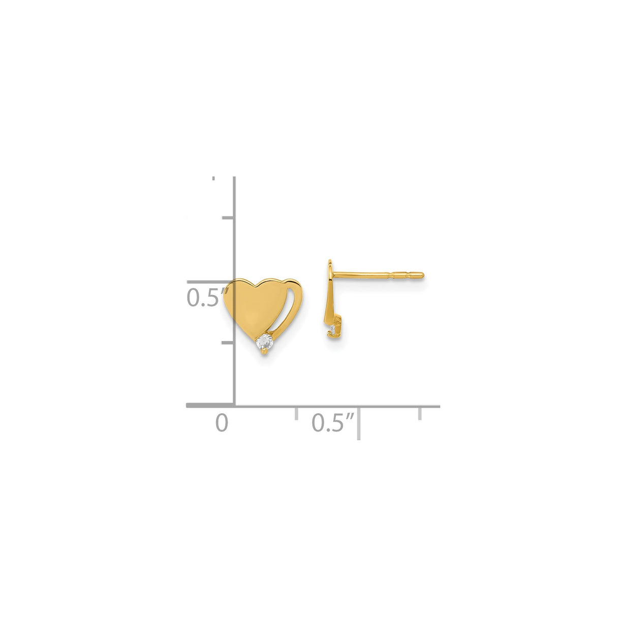 14k Yellow Gold Heart Stud Earrings with Cubic Zirconia Accent, Dainty Minimalist Design