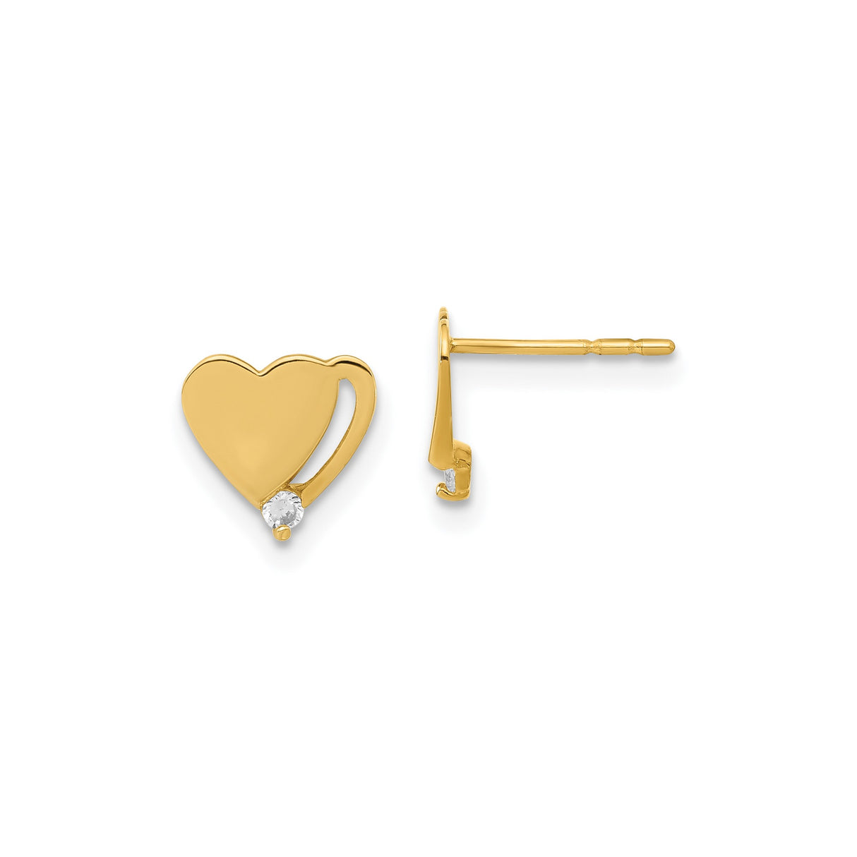 14k Yellow Gold Heart Stud Earrings with Cubic Zirconia Accent, Dainty Minimalist Design