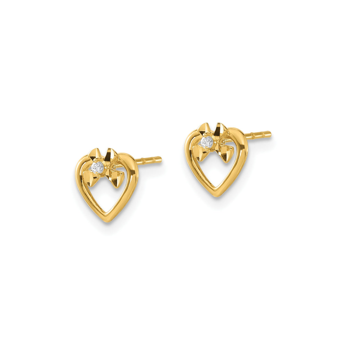14k Yellow Gold Heart Stud Earrings with Cubic Zirconia and Bow Accent