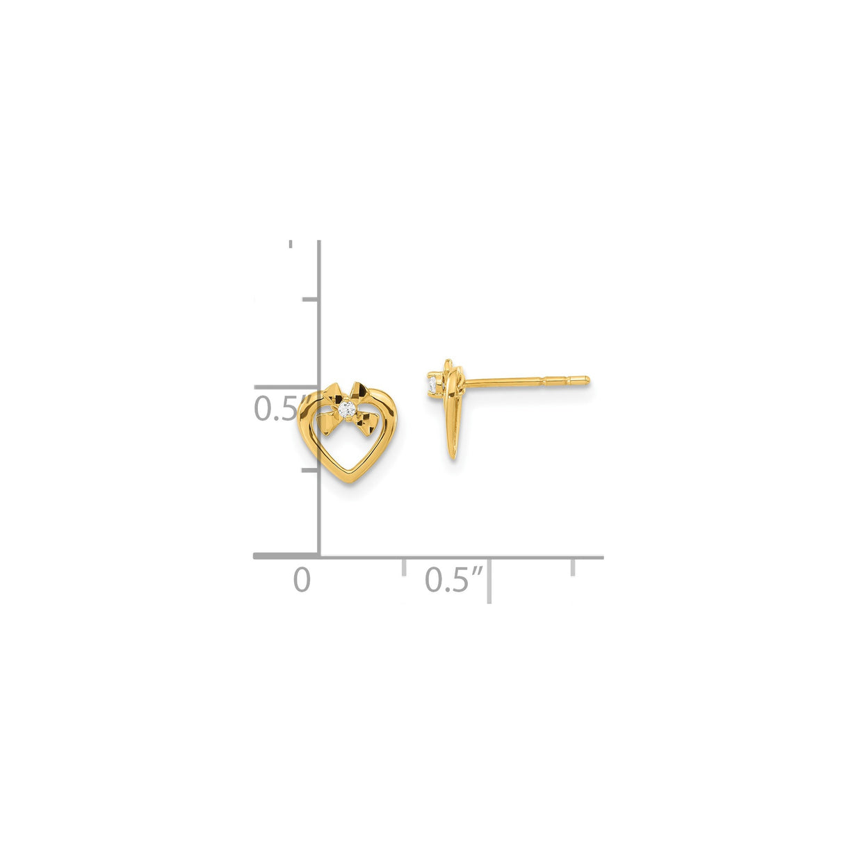 14k Yellow Gold Heart Stud Earrings with Cubic Zirconia and Bow Accent