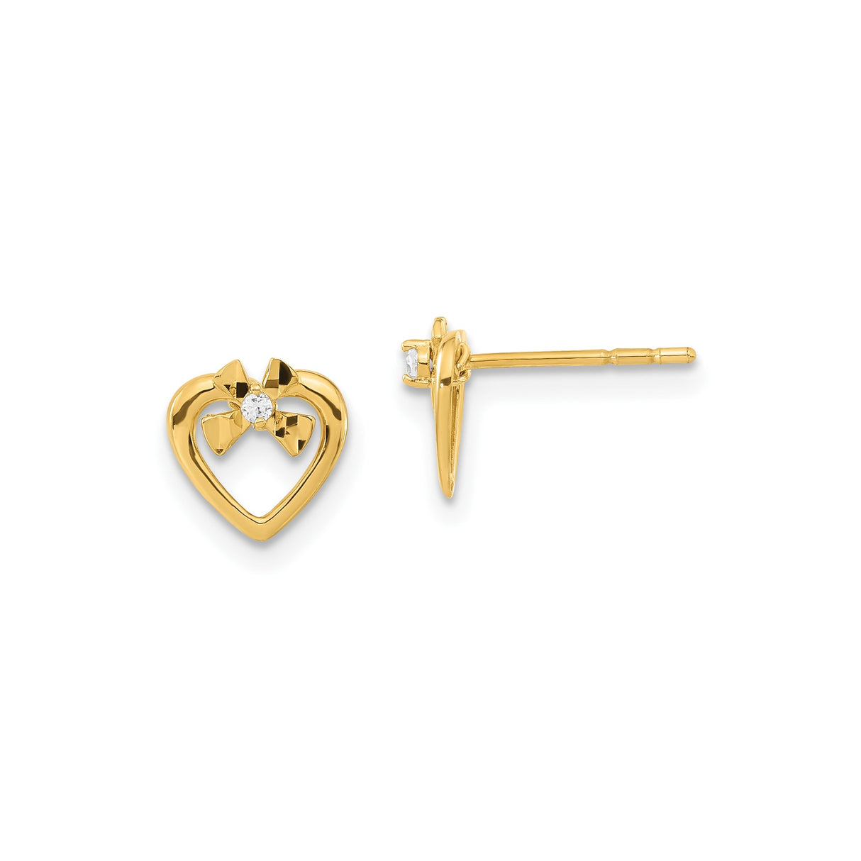 14k Yellow Gold Heart Stud Earrings with Cubic Zirconia and Bow Accent