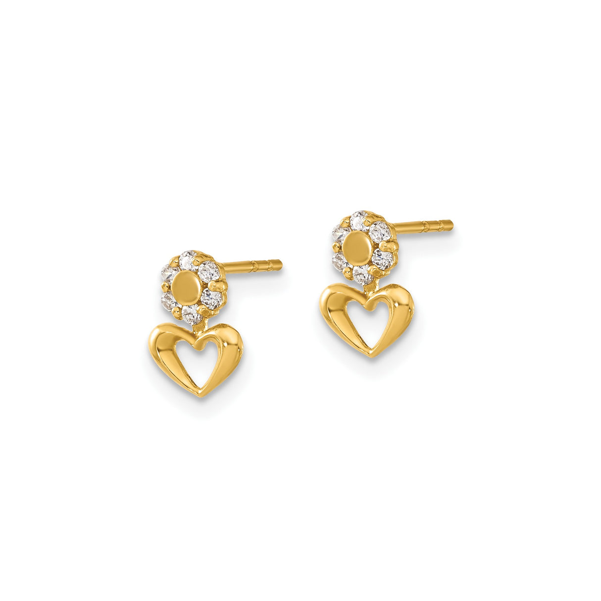 14k Yellow Gold Heart and Flower Stud Earrings with Cubic Zirconia Accent