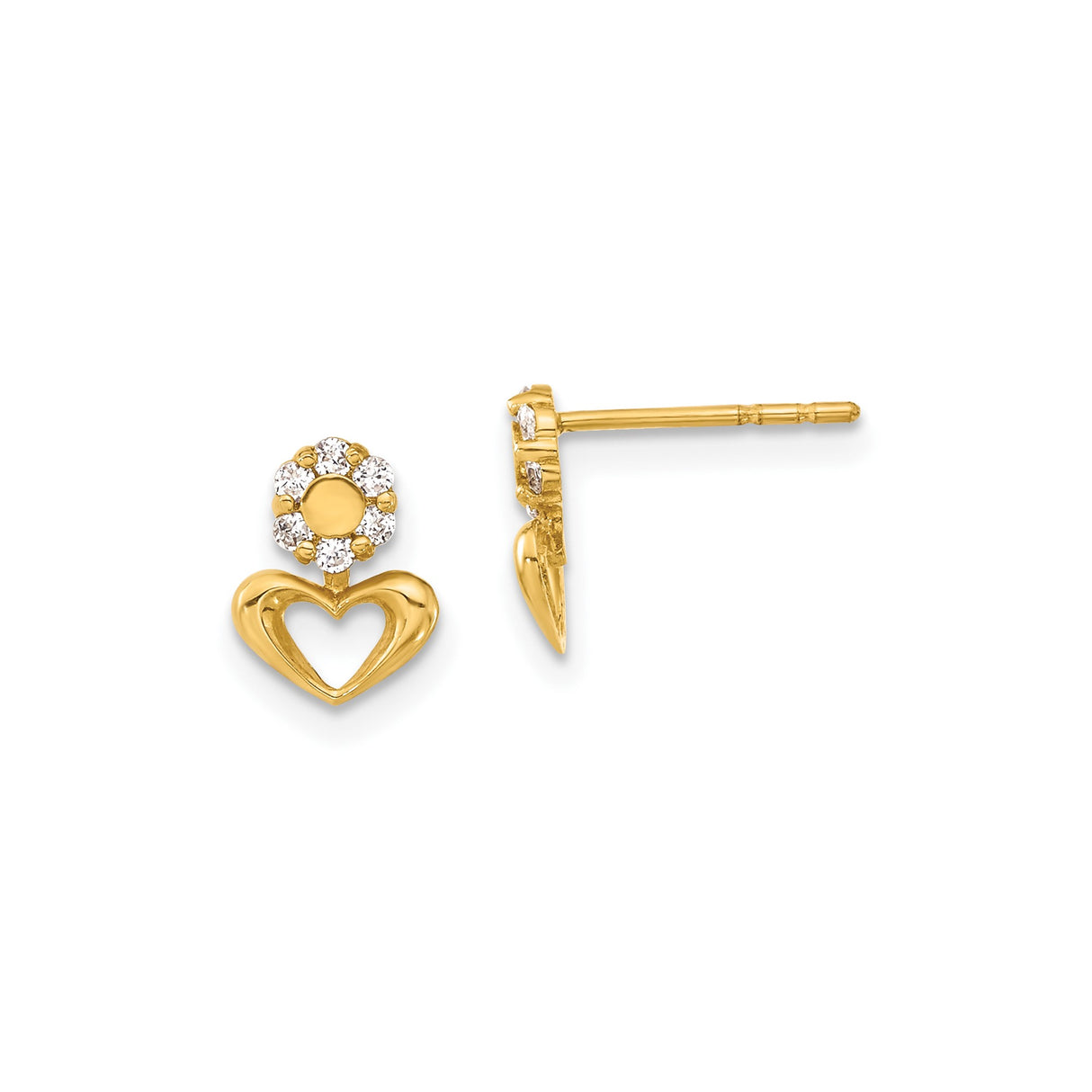 14k Yellow Gold Heart and Flower Stud Earrings with Cubic Zirconia Accent