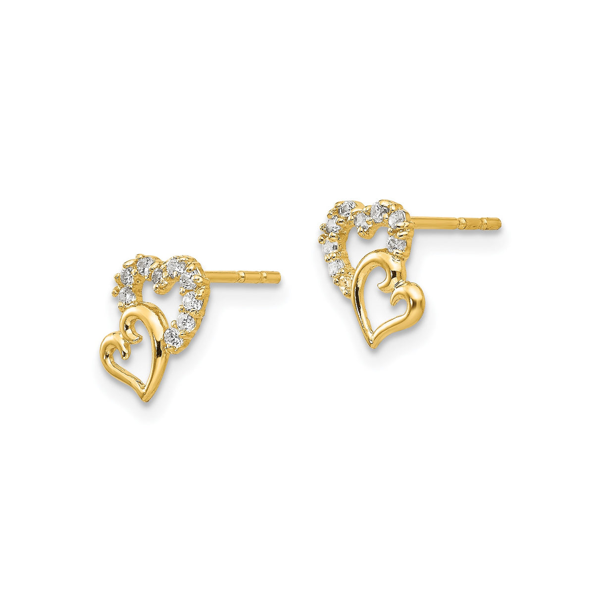 14k Yellow Gold Heart Earrings with Cubic Zirconia, Open Double Heart Studs for Women and Girls