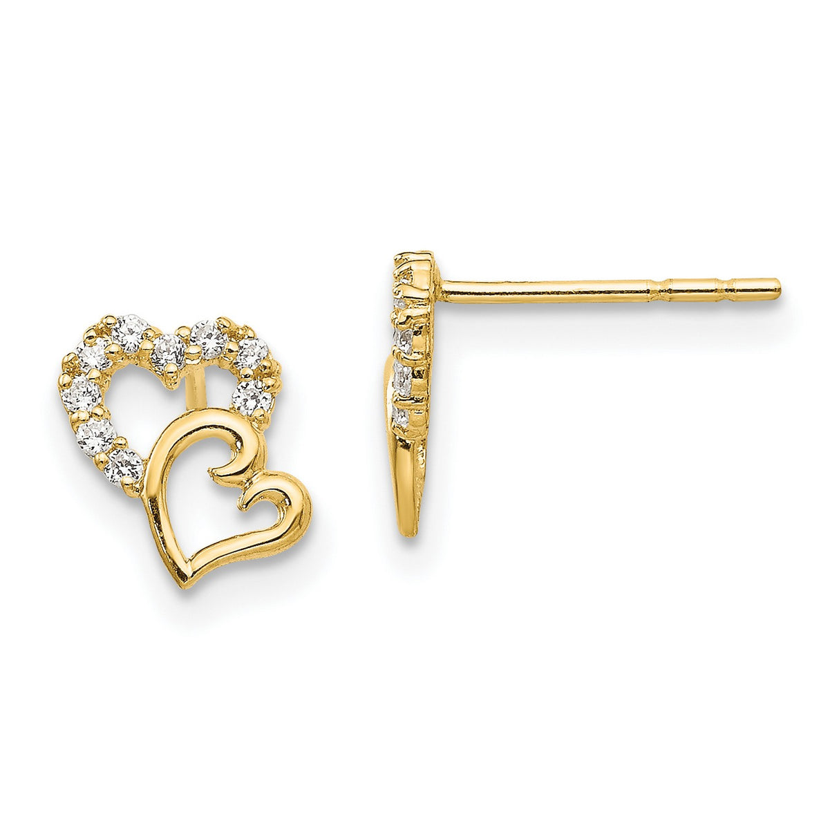 14k Yellow Gold Heart Earrings with Cubic Zirconia, Open Double Heart Studs for Women and Girls