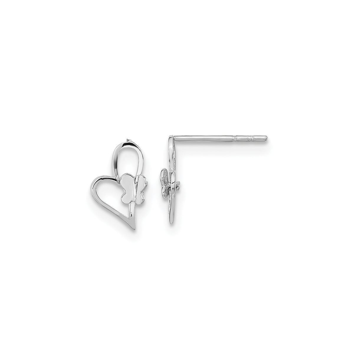 14k White Gold Stud Earrings with Open Heart and Butterfly Design for Women