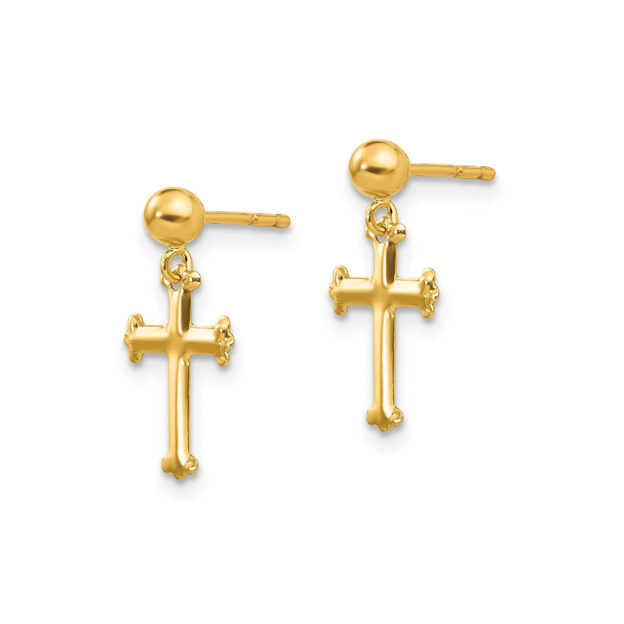 14k Yellow Gold Cross Dangle Earrings, Polished Religious Charm for Men and Women