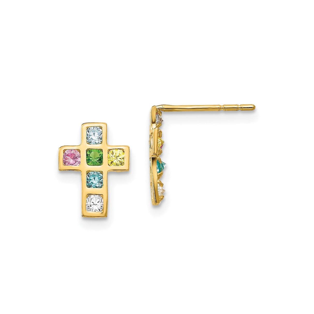 14k Yellow Gold Cross Pendant with Cubic Zirconia, Multicolor Religious Charm for Men and Women