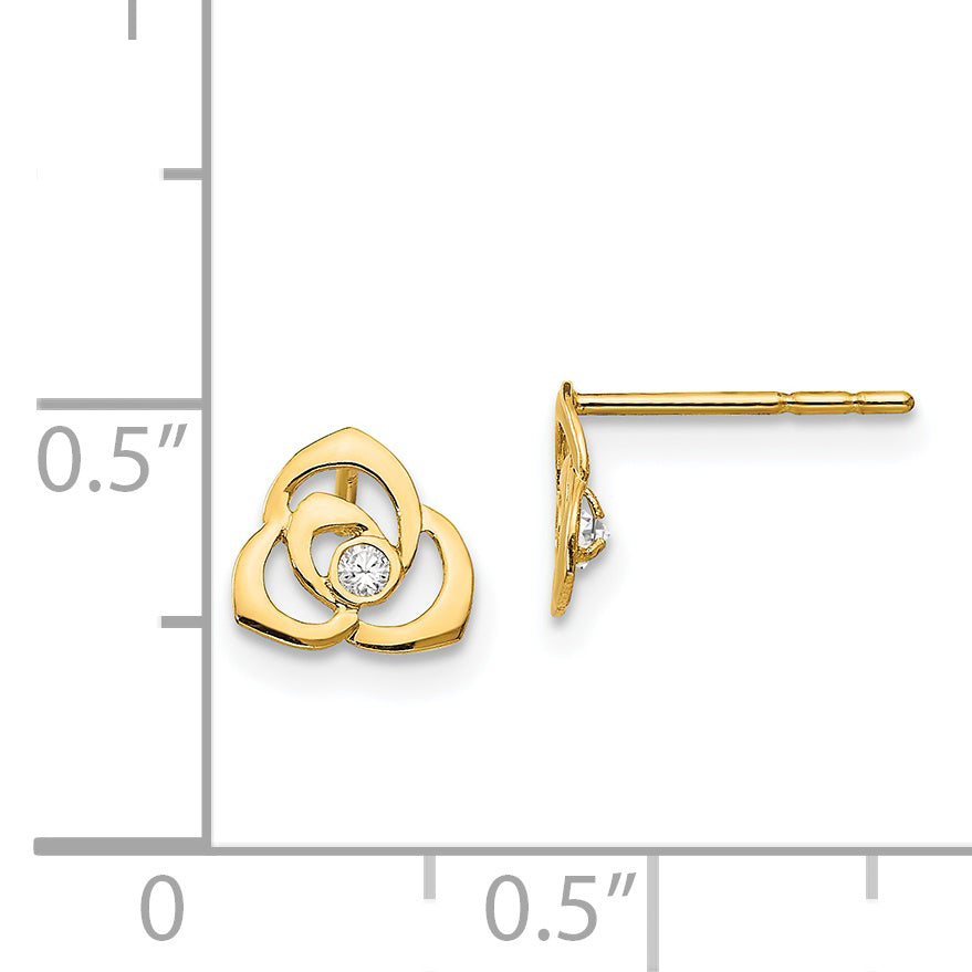14k Yellow Gold Flower Stud Earrings with Cubic Zirconia, Open Petal Design