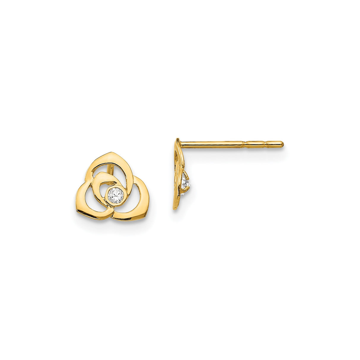 14k Yellow Gold Flower Stud Earrings with Cubic Zirconia, Open Petal Design