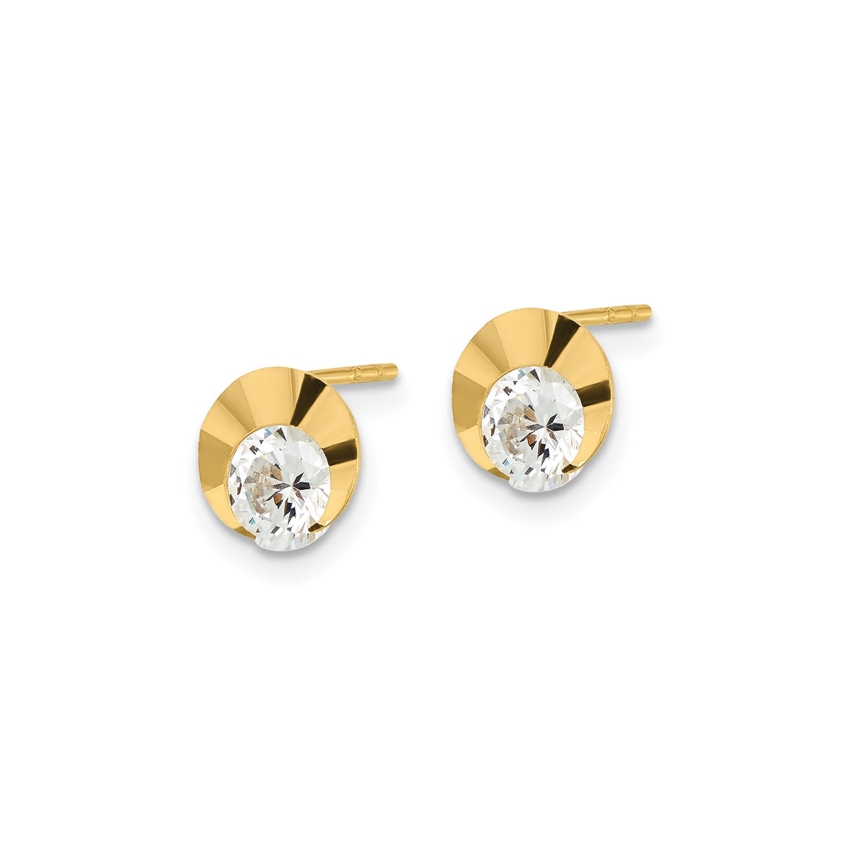 14k Yellow Gold Stud Earrings with Round Cubic Zirconia in Sunburst Bezel Setting