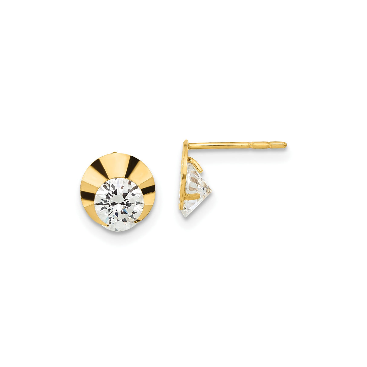 14k Yellow Gold Stud Earrings with Round Cubic Zirconia in Sunburst Bezel Setting